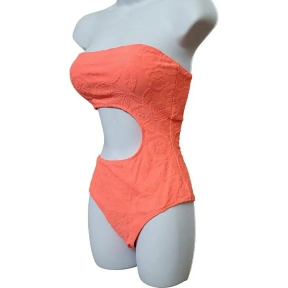 Aerie Terry Cut Out Strapless Neon Orange‎ One Piece Swimsuit S